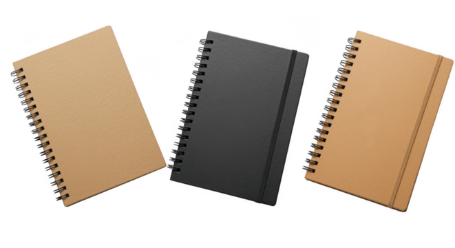 Notebook Trio: A collection of three spiral-bound notebooks, one black and two in neutral hues, showcasing sleek design and functional elegance, perfect for capturing ideas and notes.
