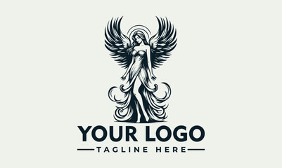 An elegant illustration of a winged angel with a halo, presented as a logo.