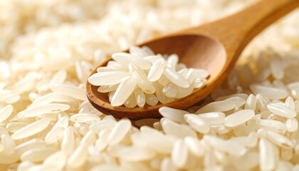 Wooden spoon filled with white rice grains