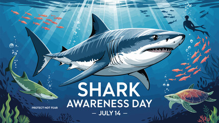 Illustration celebrates Shark Awareness Day with ocean life and a swimmer in a serene underwater world.