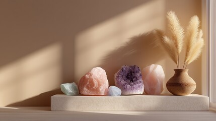 Elegant Pastel Geode Crystals on Minimalist Shelf Decor with Soft Natural Light