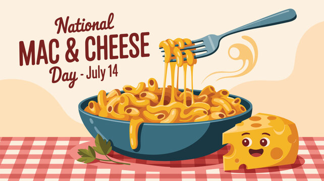 Celebrating National Mac and Cheese Day with a bowl of cheesy macaroni and a smiling cheese wedge, a tasty holiday.