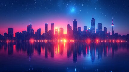 Colorful neon cityscape at dawn or dusk