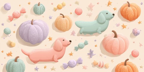 Adorable Halloween Dachshunds in Colorful Sweaters Surrounded by Candy and Pumpkins