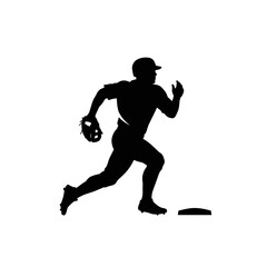Naklejka premium Baseball Silhouette: A dynamic silhouette of a baseball player sprinting towards the base, glove in hand, captures the essence of the sport's energy and action. 