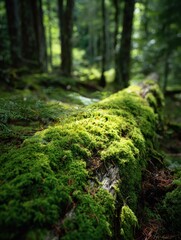 Obraz premium Nature scene featuring moss-covered log in lush forest environment close-up perspective tranquil atmosphere