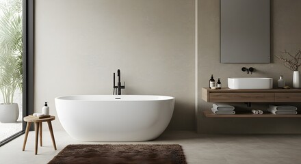 Fototapeta premium Modern Bathroom Interior with Freestanding Bathtub and Minimalist Design