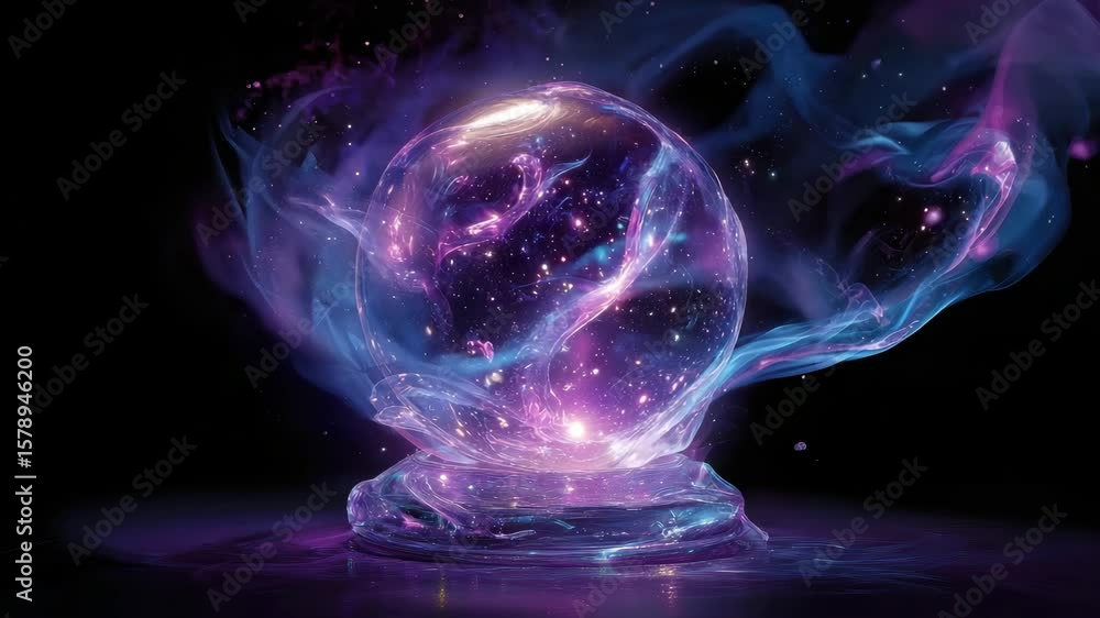 Poster illuminated sphere with swirling nebulae and celestial starlight set against a dark void with a laye
