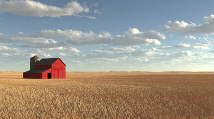 Red barn in golden wheat field, sunny sky