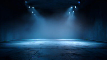 Bluelit empty room spots illuminate floor and wall low visibility due to fog