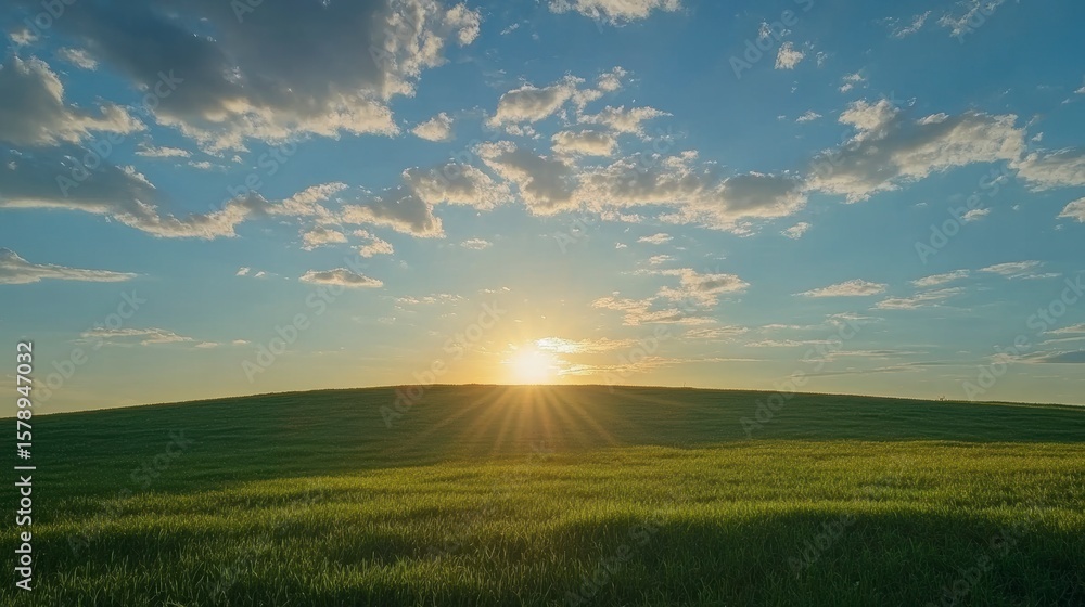 Poster sunset over a gently rolling green field with a partly cloudy sky.