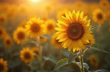 Field blooming sunflowers illuminated by sunlight at dawn. Beautiful vibrant plants. Agriculture crop, summer, farming. Organic natural background, bright sunny weather. Nature concept.