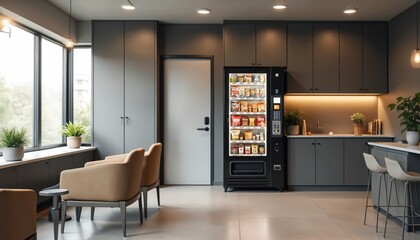 Modern office break room with vending machine. Comfortable seating area, interior design, snack, food, drinks, refreshment. Workplace, corporate business, interior, minimalist, sleek, stylish, clean.