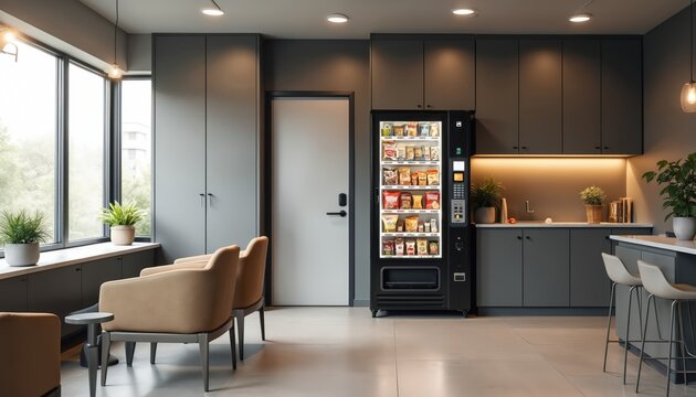 Modern office break room with vending machine. Comfortable seating area, interior design, snack, food, drinks, refreshment. Workplace, corporate business, interior, minimalist, sleek, stylish, clean.