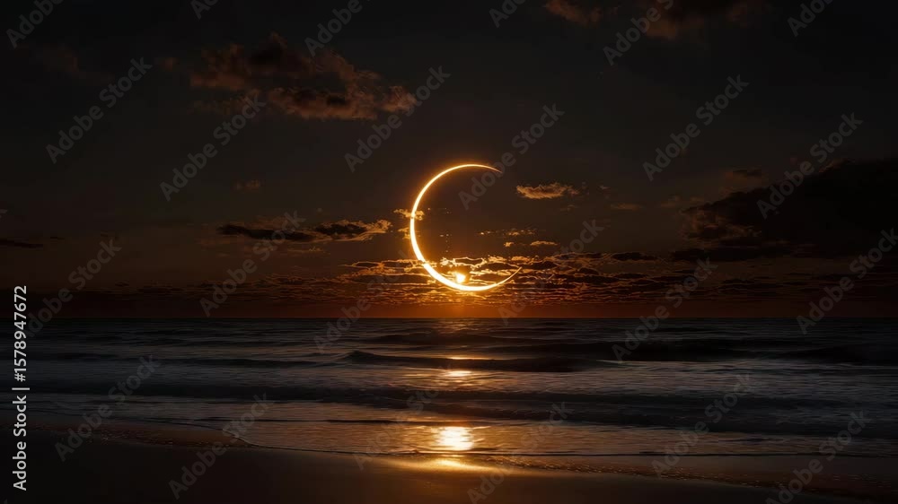Poster ocean reflecting the crescent of a solar eclipse under a cloudy sky at sunset creating a magical and