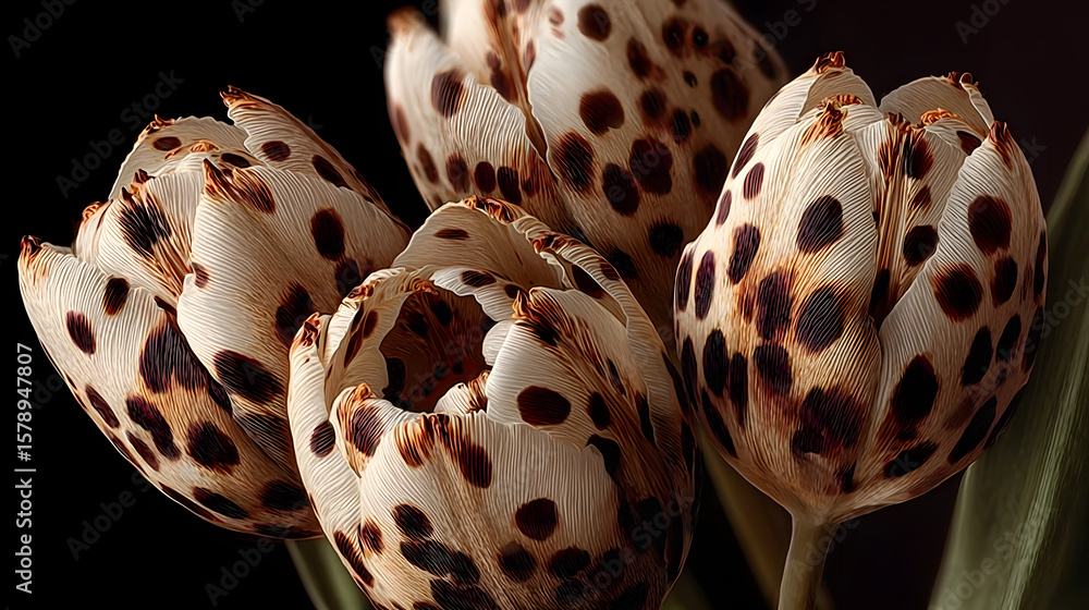 Poster leopard print tulips in hyper-real botanical studio close-up
