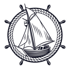 Sailboat Monochrome Engraving Emblem with Nautical Style