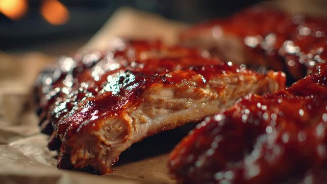 Close up of barbecue ribs glazed with sticky sauce on brown paper BBQ ribs