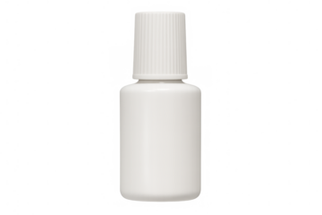 White plastic bottle with ridged cap, photographed in studio setting against transparent backdrop