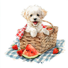 Cute Puppy Watercolor Painting Featuring Summer Picnic Scene with Strawberries and Watermelon, Perfect for Seasonal Art, Pet-Themed Decor, Children&rsquo;s Illustration, and Joyful Outdoor Moments