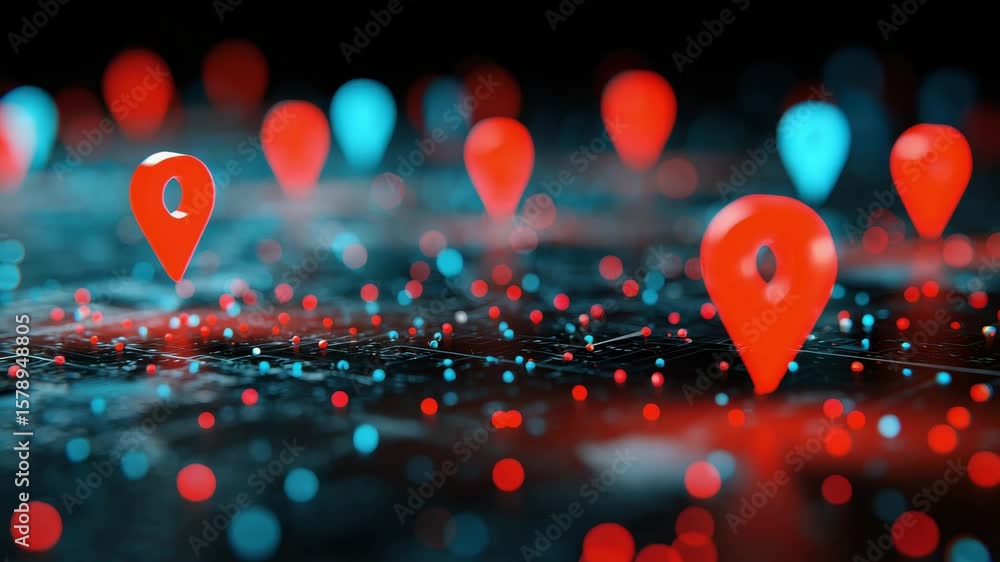 Aufkleber red and blue location markers on a digital network map technology gps navigation