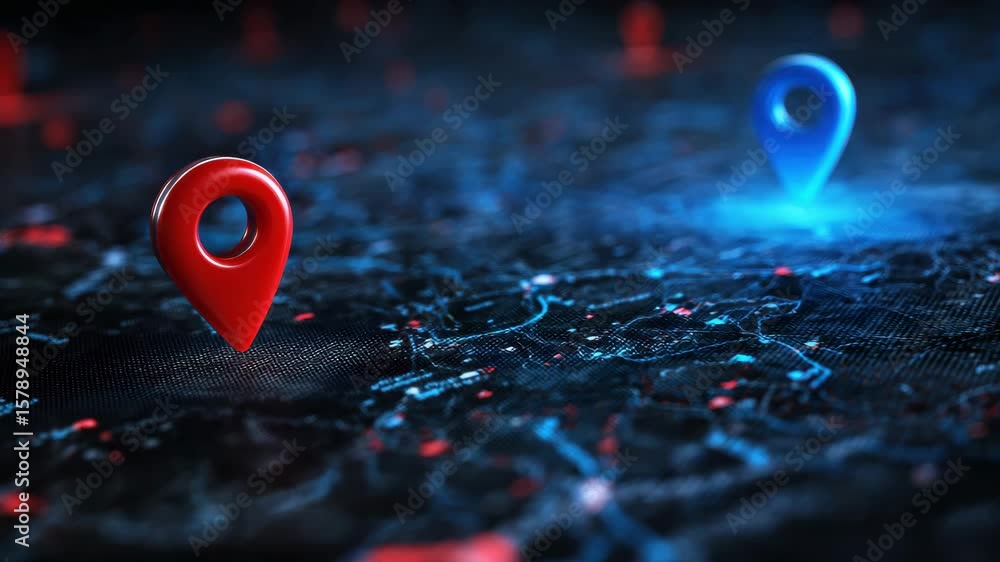 Poster red and blue location pin markers on a digital map glowing map interface