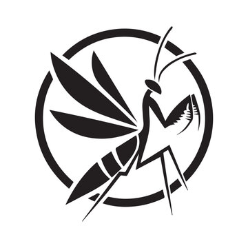 minimalist praying mantis logo on a white background