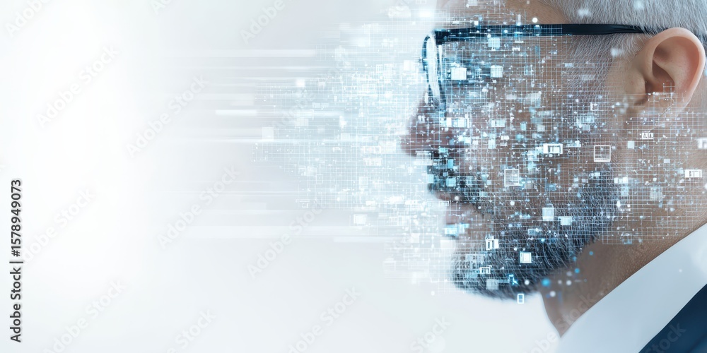 Poster business office technology concept. digital transformation concept featuring a profile merging with 