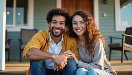 Happy diverse couple smiling together. Latino man and Caucasian woman sit on porch of new home. Celebrating partnership. House ownership, real estate investment, dwelling, mortgage.