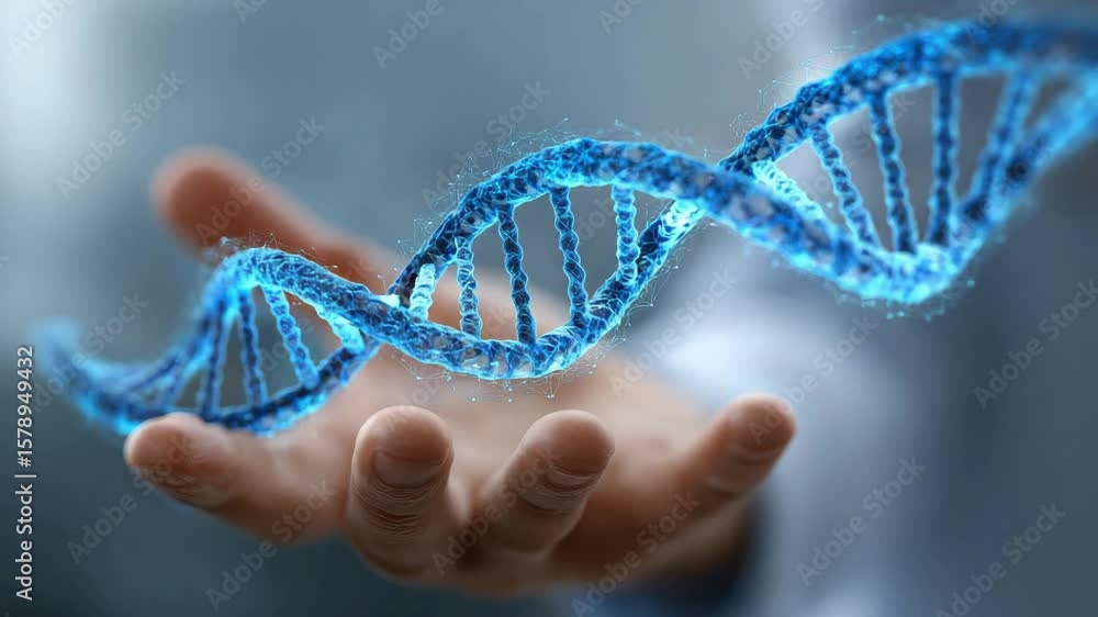 Poster glowing blue dna helix floating above an open hand a digital rendering of a genetic code