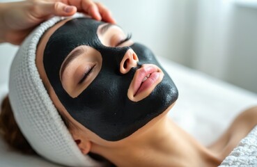 Woman on carbon peeling procedure, black mask on face. Female skin rejuvenation laser treatment in beauty spa salon. Closed eyes during face cleansing, skin condition improvement.