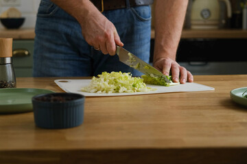 Handsome bearded man is preparing green fresh vegan salad in the kitchen at home. Male cutting...
