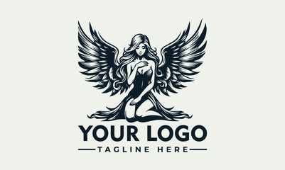 Elegant winged woman logo design, kneeling, graceful pose, monochrome palette.