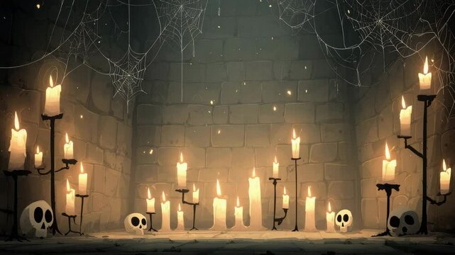 Lit candles and skulls in a stone room with cobwebs gothic halloween dark