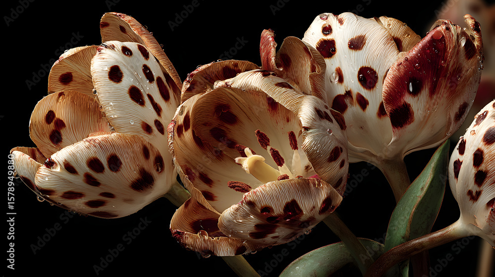 Poster leopard print tulips in hyper-real botanical studio close-up