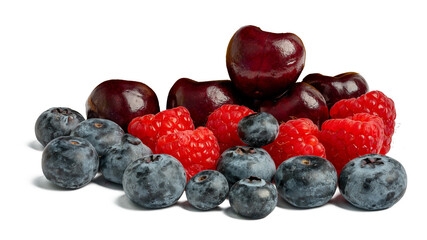 The High-resolution fruit photo of cherries, raspberries and blueberries taken with split-focus technique.