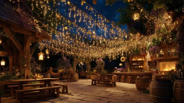 Night scene of a rustic outdoor tavern with string lights wooden furniture and a stone fireplace