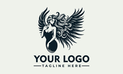 A stylized illustration of a woman with large wings, designed for a logo.