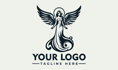 Angelic figure with large wings and flowing gown, halo above head, in a stylized design.