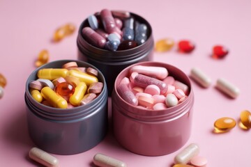 Top supplements for women's health presented in colorful containers on a pink background