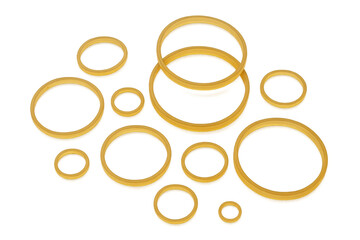 Golden jewelry rings floating, intertwining gracefully against transparent surface, forming elegant geometric pattern