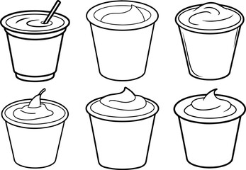 Set of Cup of yogurt outline vector illustration