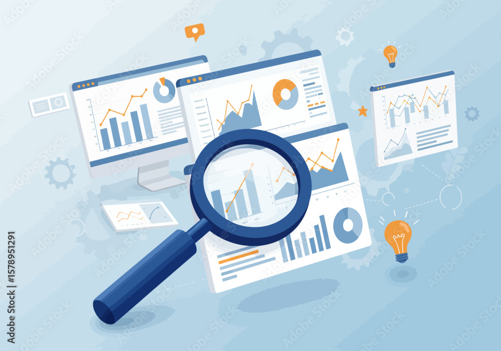 Poster a magnifying glass over data charts and graphs with light bulbs floating on a light blue background