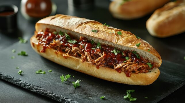Pulled pork sandwich with BBQ sauce on a baguette, garnished with parsley.