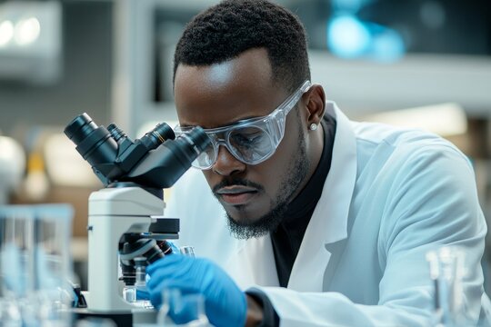 Researcher using a microscope to analyze cells in a medical lab, conducting scientific research to advance medical knowledge and healthcare, Generative AI