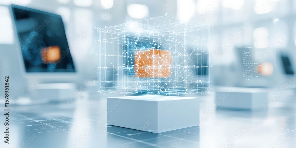 Poster business office technology concept. futuristic digital environment with abstract 3d cube and screens