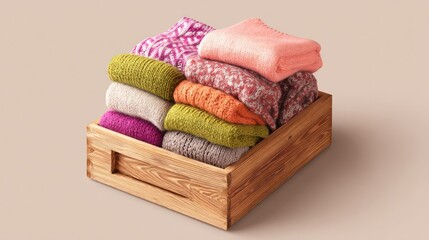Wooden crate filled with folded sweaters in various colors