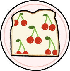 This cute illustration of a cherry art toast combines fresh fruit, cream, and bread in a charming breakfast or snack concept, perfect for home cafe and brunch-themed stock content.
