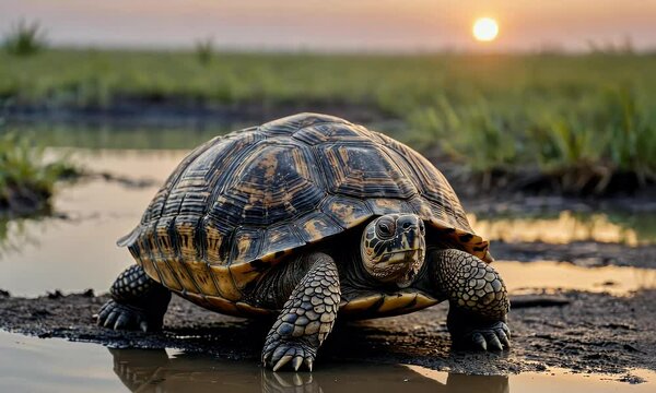 A turtle in a serene landscape at sunset, reflecting nature's beauty.