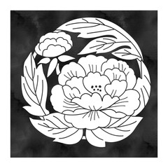 Japanese Mon Design “Botan” Illustration – Watercolor Style, White Design on Black Square Background, Hand-drawn with Clip Studio Paint